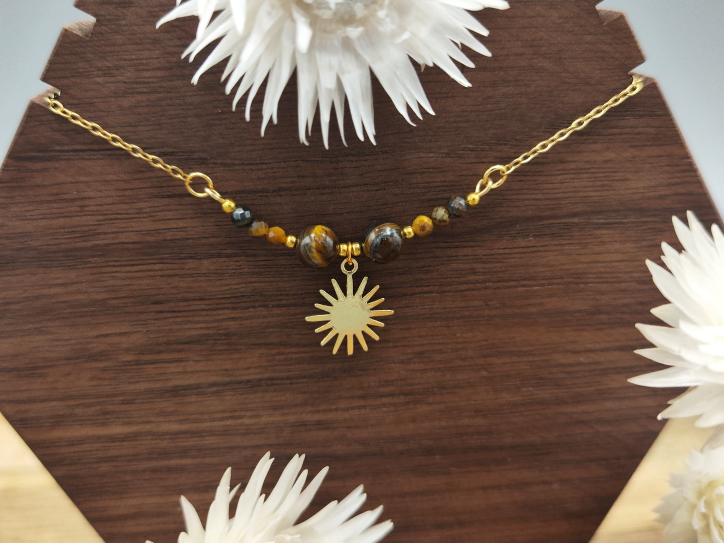 Kette - Tigerauge mit Anhänger - Sonne - Gold