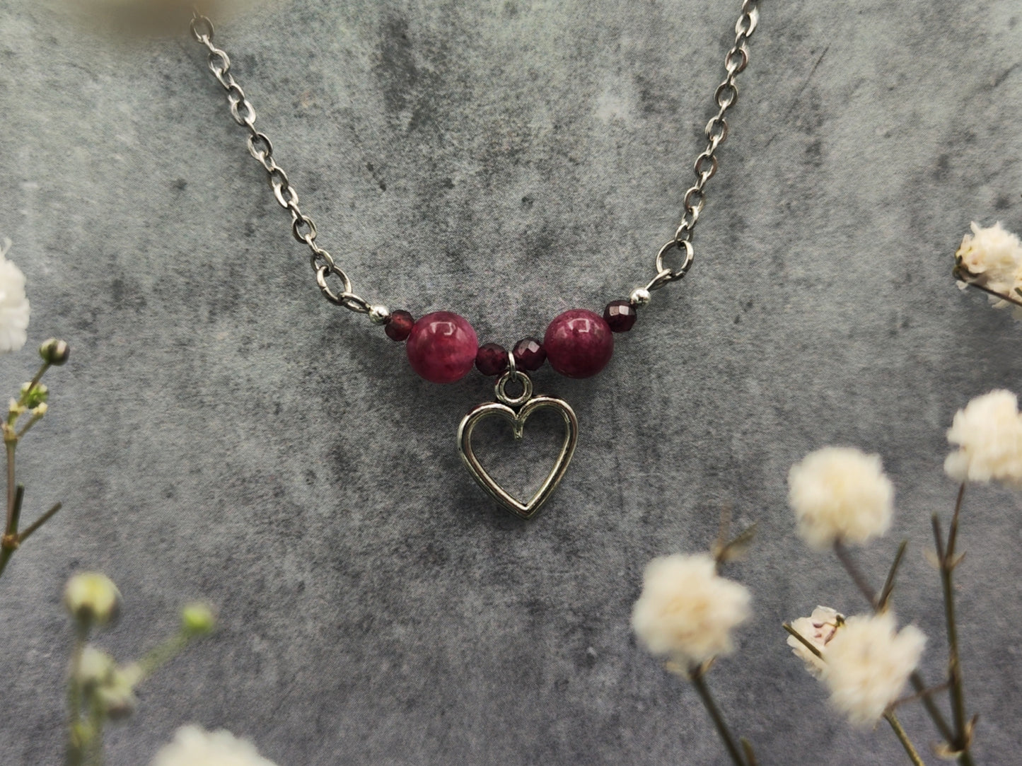 Kette - Granat mit Anhänger - Herz - Silber